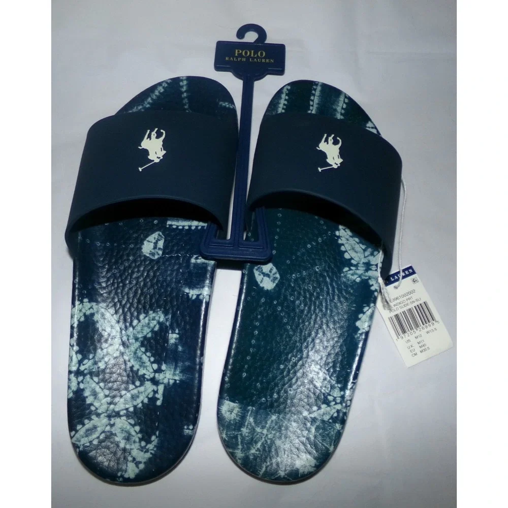 Polo Ralph Lauren Slides Mens 12 Indigo Blue Shibori Style Sandals